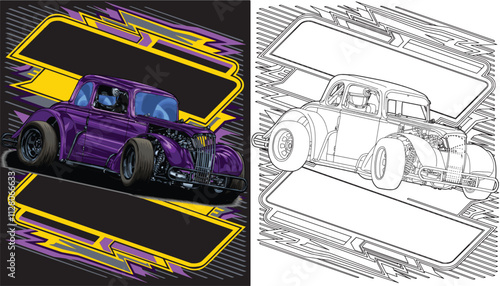 Outline purple and painted racing car. Isolated in white background, for t-shirt design, print, and for business purposes.