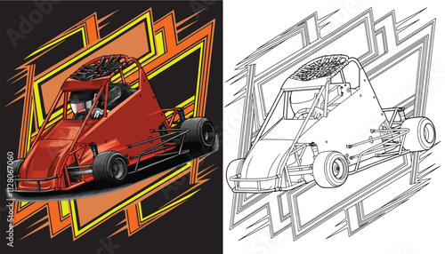 Outline orange and painted racing car. Isolated in black background, for t-shirt design, print. and for business purposes.