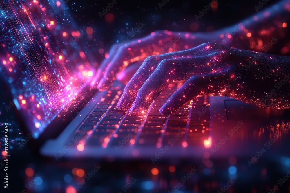 Typing Hands on Laptop with Holographic Documents in Cyberpunk Setting for Document Management Typing Hands on Laptop with Holographic Documents in Cyberpunk Setting for Document Management