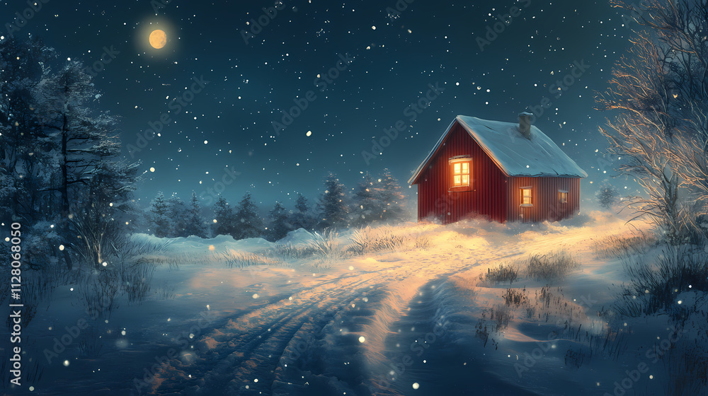 Fototapeta premium Winter solstice concept with red house. Solstice. Illustration