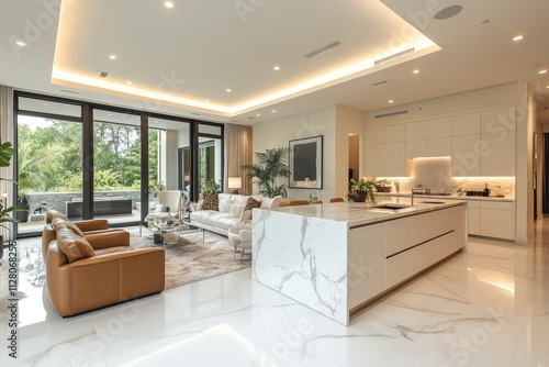 Modern living room with marble island kitchen. Ideal for real estate, interior design, and luxury lifestyle projects.