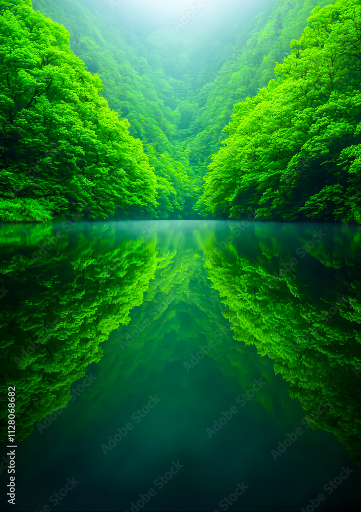 Lush Green Forest Reflections in Calm Water at Misty Valley Lush Green Forest Reflections in Calm Water at Misty Valley