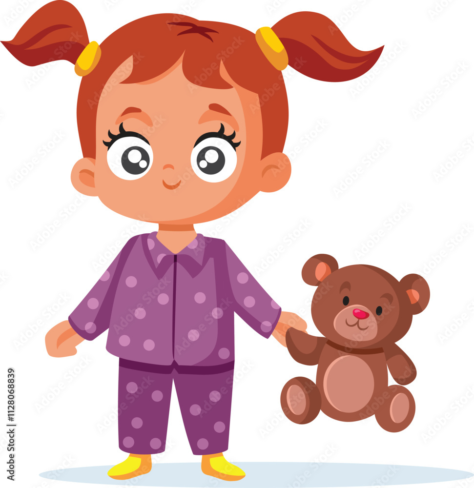 Obraz premium Happy Toddler Girl Holding a Teddy Bear Vector Cartoon. Cute kid having a friend exercising empathy and comfort in early years 
