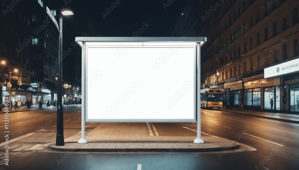 Mockup blank white outdoor banner on side of a road, featuring a bus in the background with city life at night. Mockup blank white outdoor banner on side of a road, featuring a bus in the background with city life at night.