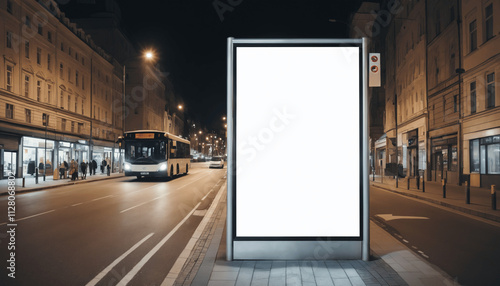 Mockup blank white outdoor banner on side of a road, featuring a bus in the background with city life at night.