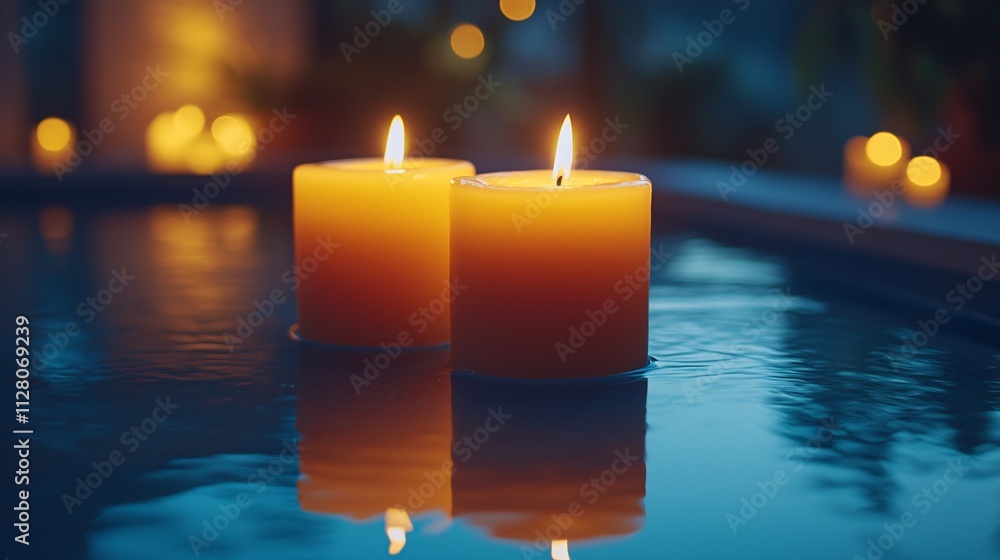 A peaceful evening spa session with dim lighting and a warm ambiance for ultimate relaxation Stock Photo with side copy space A peaceful evening spa session with dim lighting and a warm ambiance for ultimate relaxation Stock Photo with side copy space