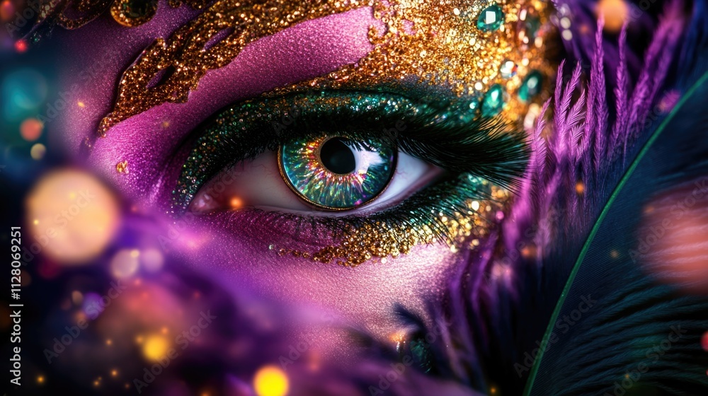 Vibrant close-up of woman's eye with colorful glitter makeup and gold details. Happy Mardi Gras Vibrant close-up of woman's eye with colorful glitter makeup and gold details. Happy Mardi Gras
