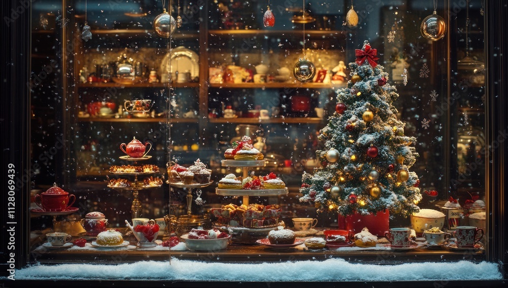 Christmas shop window display with sweets, tree, and falling snow. Christmas shop window display with sweets, tree, and falling snow.