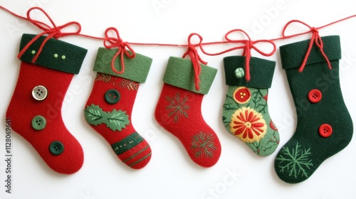 Miniature Traditional Felt Stockings Garland Decorated with Buttons and Green Accents Perfect for Holiday Festivities and Seasonal Celebrations