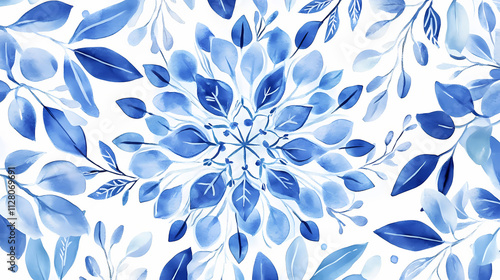 Fototapeta Naklejka Na Ścianę i Meble -  Winter wonderland watercolor mandala with snowflakes, leaves, and flowers in shades of blue and white. Solstice. Illustration