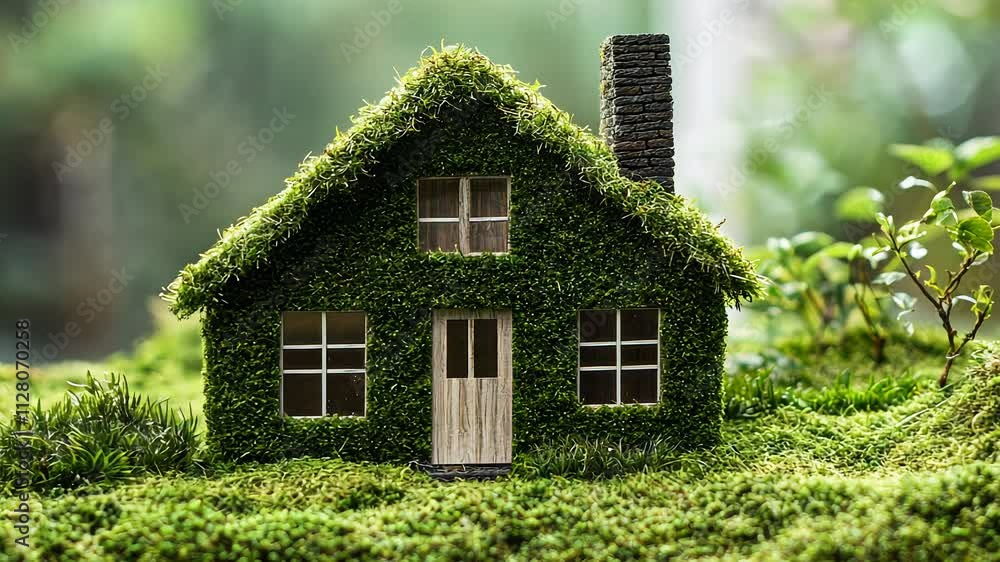 Miniature house covered in lush green moss in a garden, eco-friendly concept Miniature house covered in lush green moss in a garden, eco-friendly concept