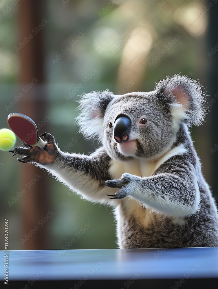 Obraz premium A playful koala engaging in a fun game of table tennis, showcasing its adorable personality and agility.