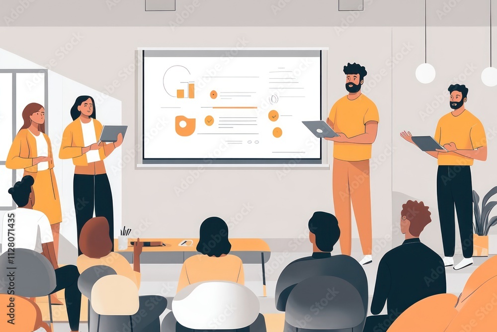 A confident presenter of different backgrounds explaining concepts to an engaged audience in a modern office space. A confident presenter of different backgrounds explaining concepts to an engaged audience in a modern office space.