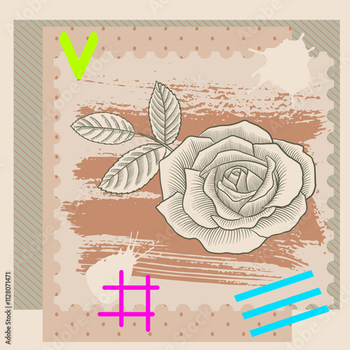 vector collage with rose flower and neon color elements,, creative composition with sketch of owl and butterfly