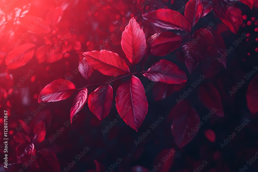 A close-up of vibrant red leaves against a dark background, creating a striking visual effect. A close-up of vibrant red leaves against a dark background, creating a striking visual effect.
