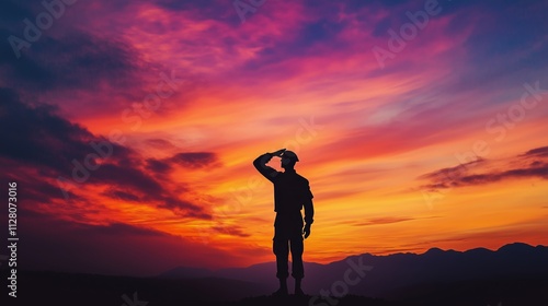 A soldier salutes at sunset, embodying bravery amid vibrant hues and a serene landscape. photo