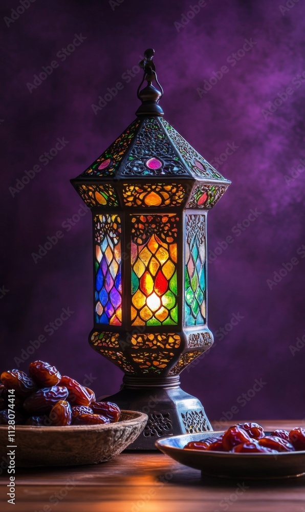 An elegant Islamic lantern with multicolored glass panels, casting a soft glow on a wooden table, with a plate of dates nearby and a rich deep purple background An elegant Islamic lantern with multicolored glass panels, casting a soft glow on a wooden table, with a plate of dates nearby and a rich deep purple background