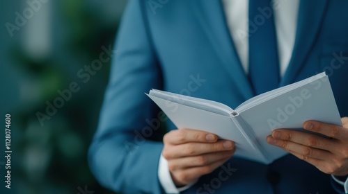 Reading a business report office environment professional content indoor setting close-up view corporate insight photo