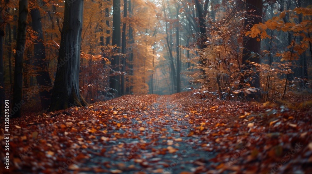 Fototapeta premium Autumn's embrace. Crisp air, fallen leaves, and a sunbeam's gentle kiss. Lost in the beauty of this enchanted forest. ai generaed