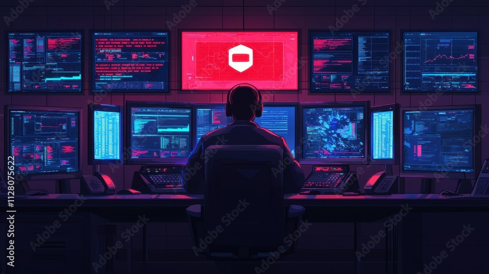 Cybersecurity monitoring in a control room digital environment high-tech viewpoint data analysis concept Cybersecurity monitoring in a control room digital environment high-tech viewpoint data analysis concept
