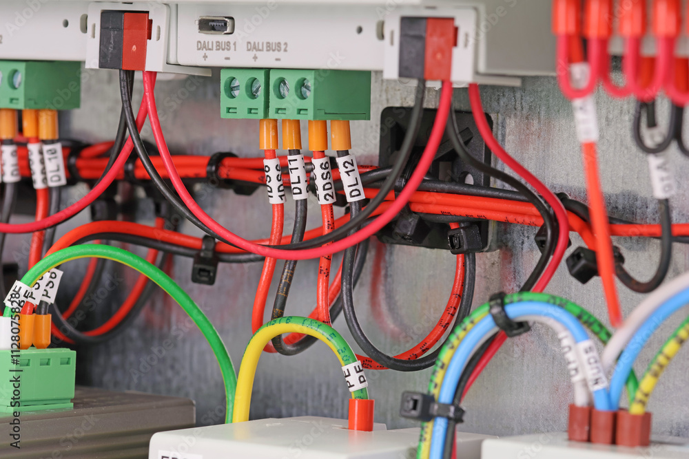 Connection of electrical modules using insulated mounting wires. Close-up. Soft focus. Connection of electrical modules using insulated mounting wires. Close-up. Soft focus.