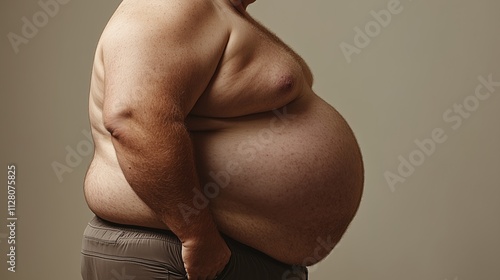 A Study of Obesity: Side Profile of an Obese Man's Torso Showing Significant Abdominal Fat Accumulation photo