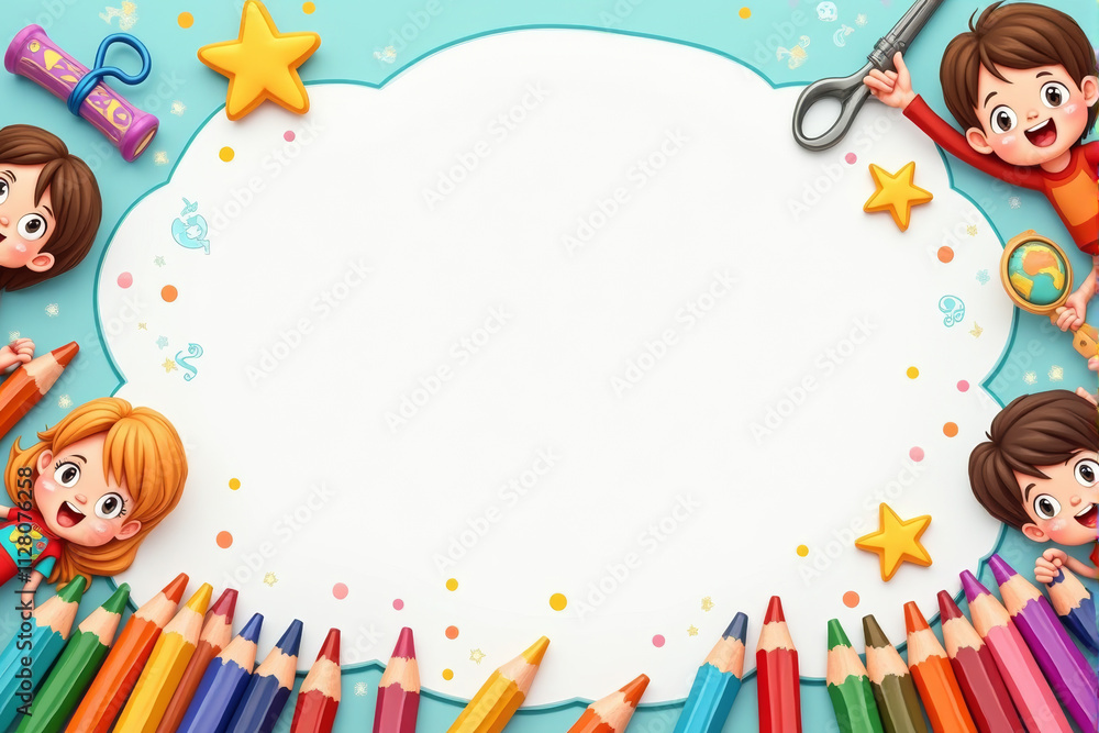 Naklejka premium A playful school background illustration featuring kids playing, colorful school supplies, and fun learning icons in a lively composition..