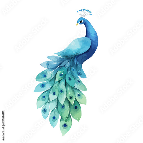 Watercolor Peacock Illustration: A vibrant watercolor illustration of a peacock with its feathers fanned out, showcasing intricate details and a breathtaking color palette. Perfect for nature, beauty.