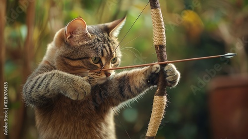 A playful cat aiming with a bow and arrow, showcasing its unique and humorous side in a vibrant outdoor setting. photo