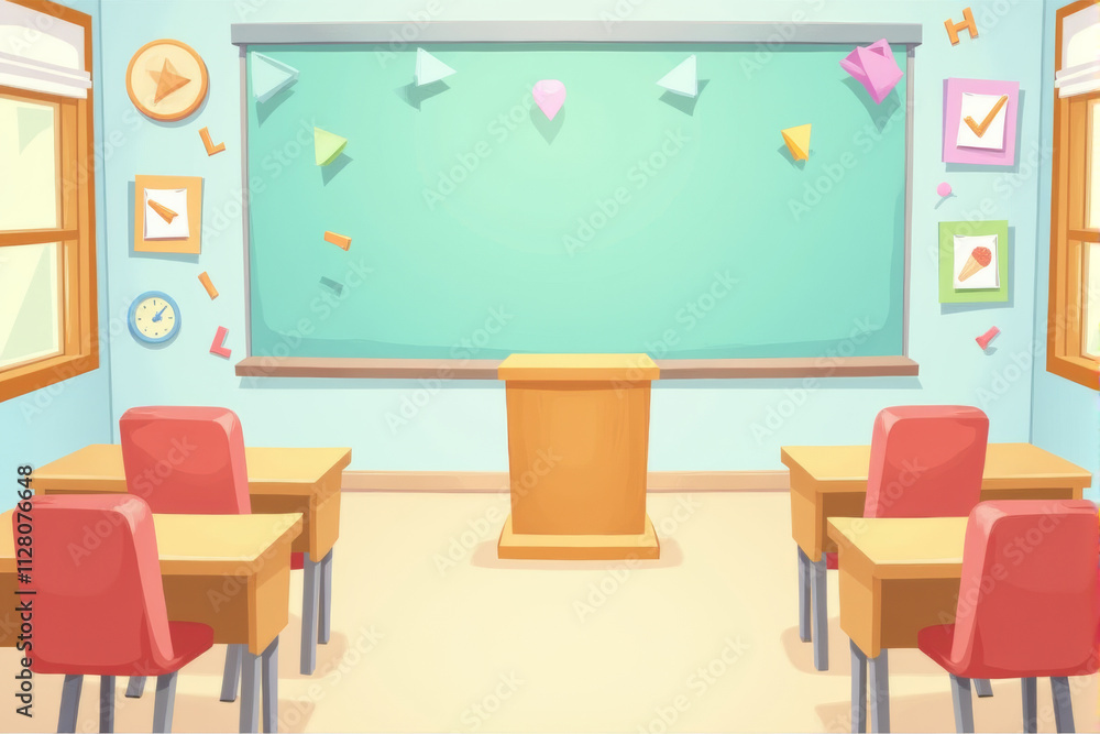 Fototapeta premium A classroom-themed illustration background featuring desks, a teacher’s podium, and vibrant decorations for a cheerful learning environment..