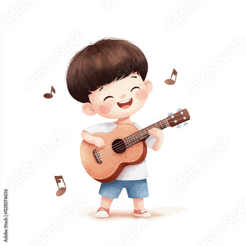 Happy Little Guitarist: A cheerful boy with a bright smile plays his acoustic guitar with joy and enthusiasm, surrounded by musical notes.