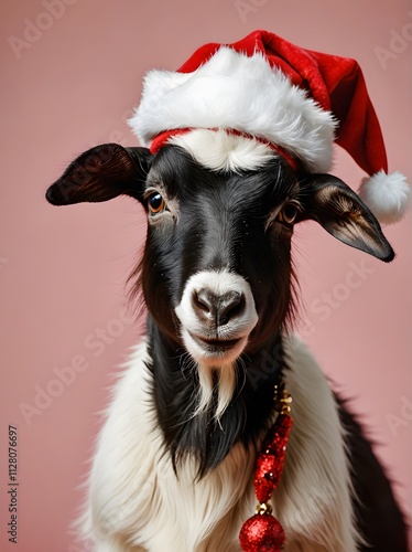A black and white goat wearing a santa hat.
