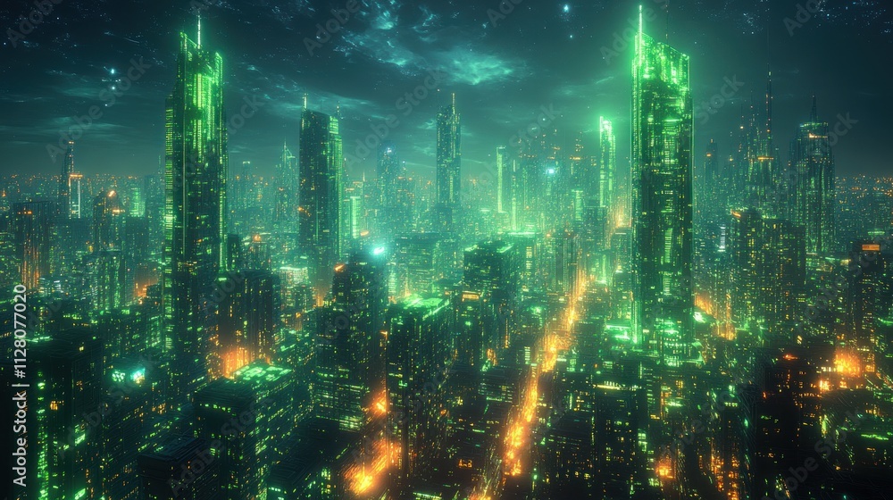Futuristic green city skyline at night. Futuristic green city skyline at night.