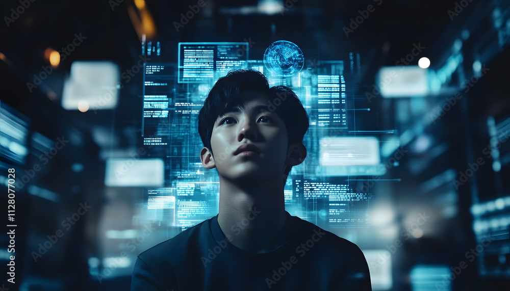 A young handsome asia man look like an korean actor stands before an AI interface, surrounded by glowing data streams and code lines, symbolizing the integration with artificial intelligence technolog A young handsome asia man look like an korean actor stands before an AI interface, surrounded by glowing data streams and code lines, symbolizing the integration with artificial intelligence technolog
