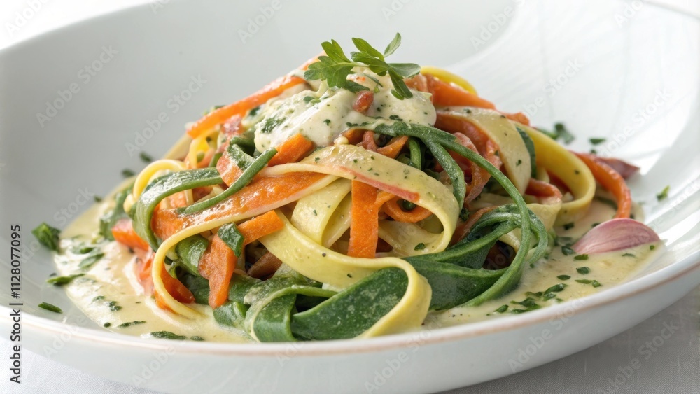 A shallow bowl showcases a vibrant array of vegetablebased fettuccine each strand infused with shades of spinach and carrot. The creamy sauce drizzled generously over the top A shallow bowl showcases a vibrant array of vegetablebased fettuccine each strand infused with shades of spinach and carrot. The creamy sauce drizzled generously over the top