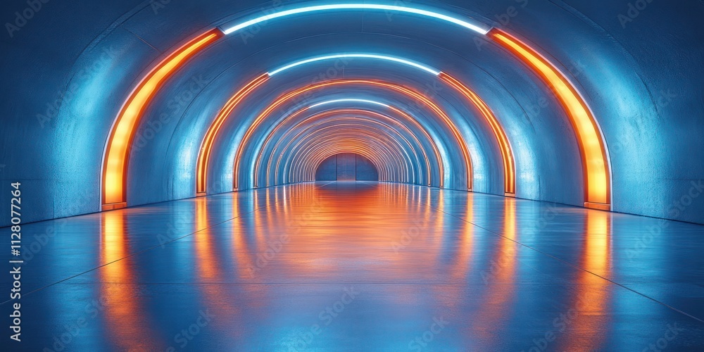 Fototapeta premium Futuristic Minimalistic Hallway with Soft Blue and Orange Lighting and Reflections in Polished Floor