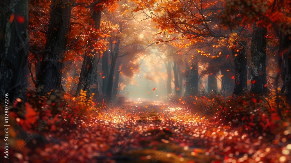 Fototapeta premium Autumn's embrace. Crisp air, fallen leaves, and a sunbeam's gentle kiss. Lost in the beauty of this enchanted forest. ai generaed