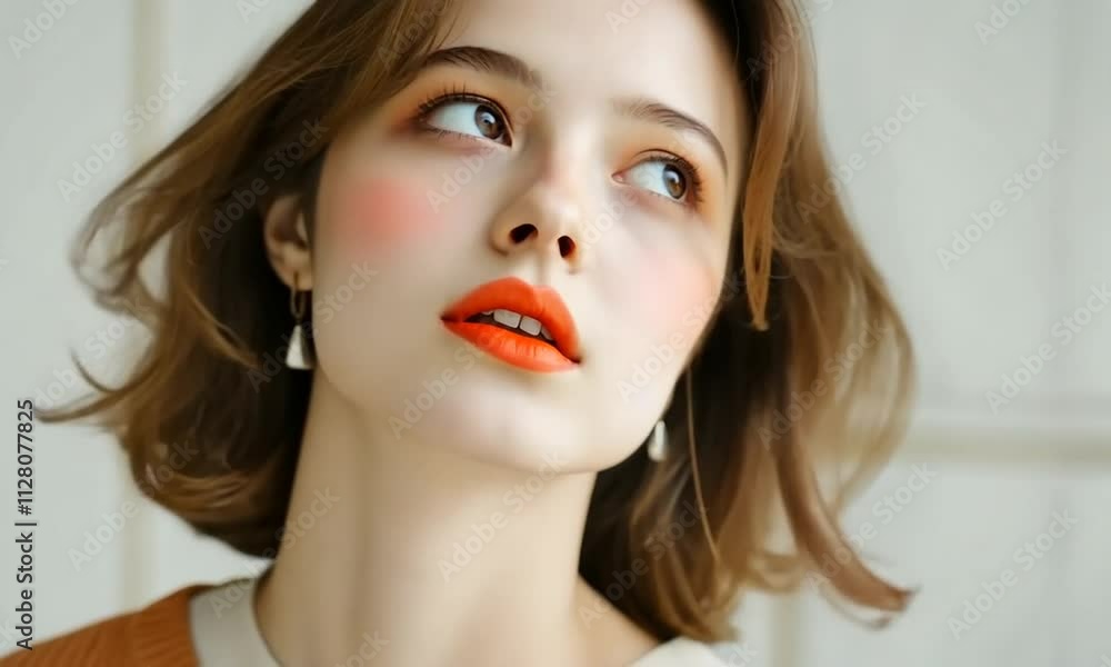 A close-up portrait of a young woman with soft features and makeup. A close-up portrait of a young woman with soft features and makeup.