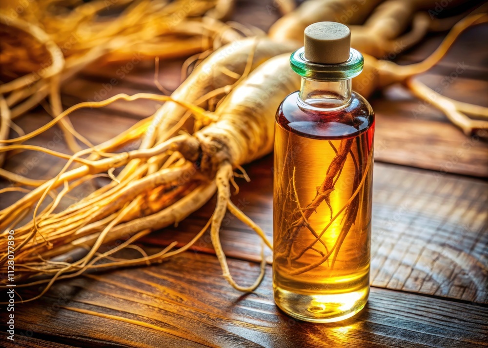 Fototapeta premium Macro Photography of Ginseng Ampoule: Close-up Herbal Extract, Botanical Medicine, Natural Remedy, Health Supplement, Ampoule Detail