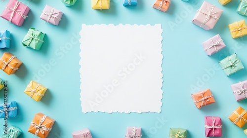 A blank card surrounded by colorful gifts on a blue background, ideal for celebrations.