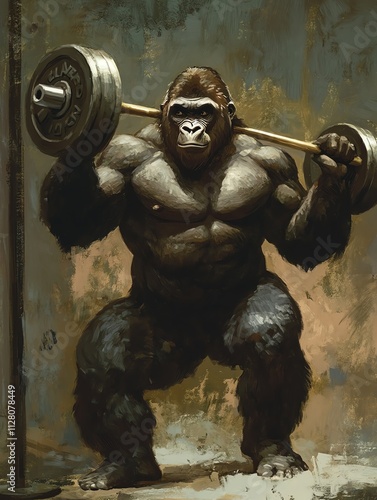 A muscular gorilla lifting weights, showcasing strength and power in a gym-like setting. Perfect for fitness themes. photo