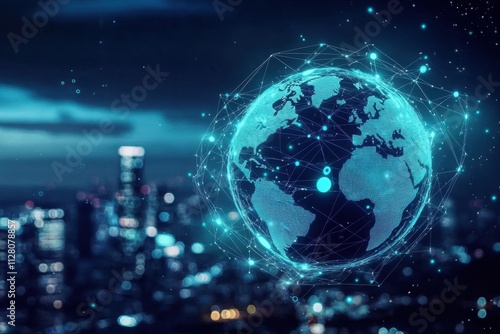 A captivating view showing how global connections are mapped over city lights.