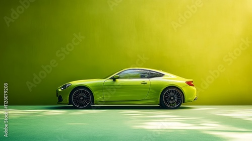 Lime green sports coupe parked against a vibrant green wall.