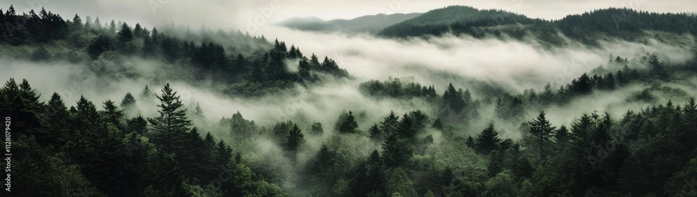 Ethereal trees shrouded in mist create a serene atmosphere. Ethereal trees shrouded in mist create a serene atmosphere.