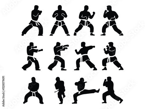 various dynamic poses, such as fighting stances, punching, kicking, and defensive positions