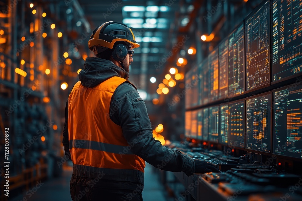 Warehouse Manager Analyzing Inventory Data on Multiple Screens in Industrial Environment Warehouse Manager Analyzing Inventory Data on Multiple Screens in Industrial Environment