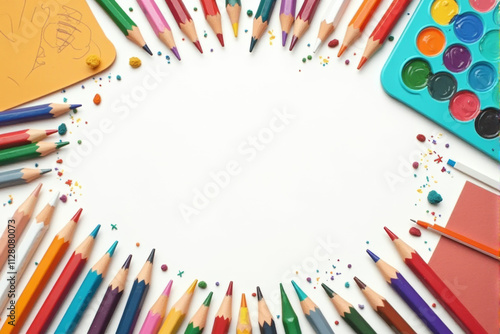 Wallpaper Mural An artistic school background illustration highlighting pencils, drawing pads, and paint palettes, creating a fun and creative vibe.. Torontodigital.ca