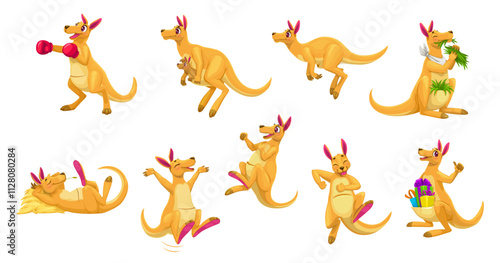 Cartoon funny kangaroo animal characters in different poses and activities like boxing, jumping, relaxing, carrying joeys, eating, and holding gifts. Vector set of funny personages for children book