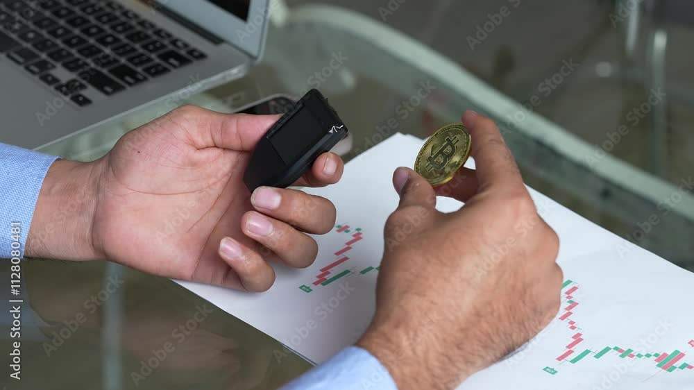 Indian man using bitcoin crypto currency hardware wallet to send funds for safety and protection. Risk management, Custodian, Block chain technology. Trading, investing and finance.
