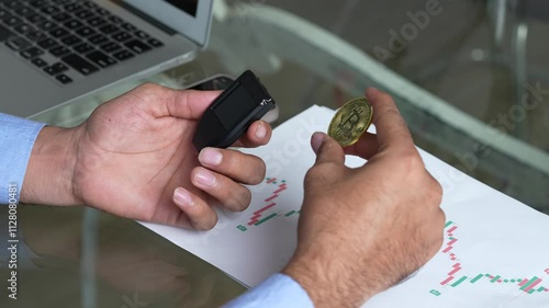 Indian man using bitcoin crypto currency hardware wallet to send funds for safety and protection. Risk management, Custodian, Block chain technology. Trading, investing and finance.